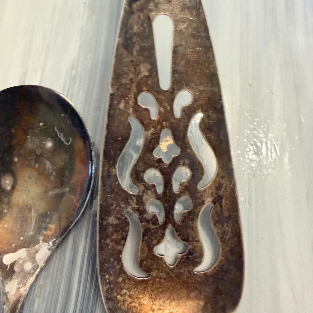 Vintage Silver Plated Serving Set Spoon Fork Pierced Cake Server 3 Piece Patina